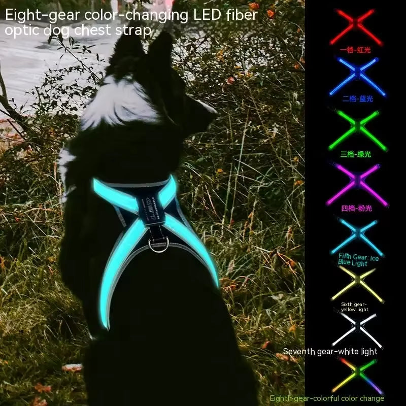 Color Changing Dog Collar Explosion Resistant Reflective Vest Adjustable Chest Harness LED Light Pet Leash