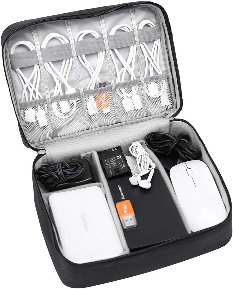 Travel Ready Portable Cable Organizer - Compact Black Bag for Charging Cables, Phones, Power Banks & Mini Tablets